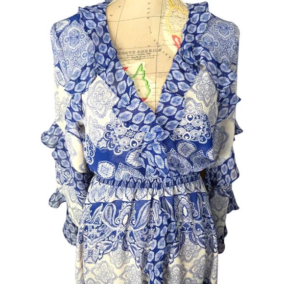 NWT MISA Imaan Size Small Blue White Multi Tile Ruffle Sheer High-Low Maxi Dress